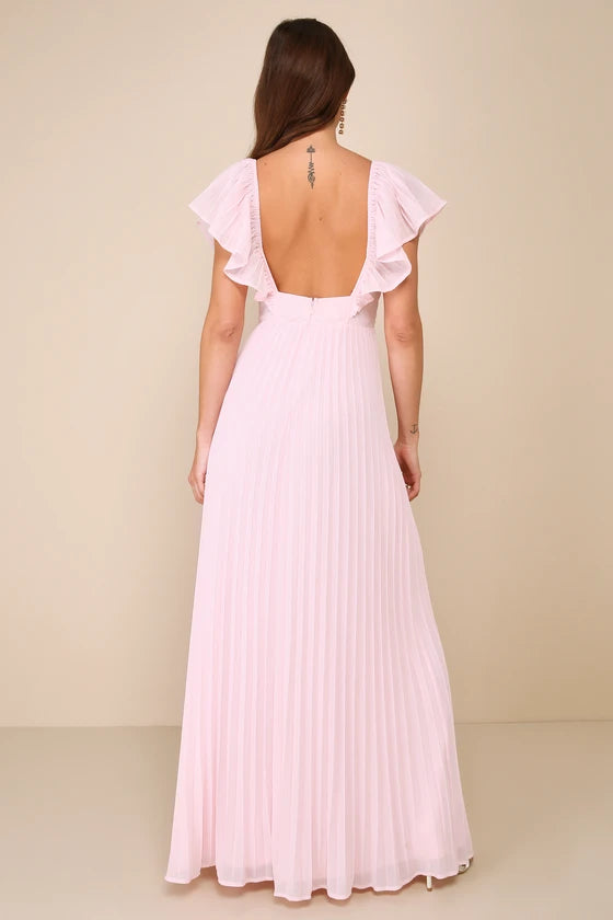 Lulus Ideal Occasion Pink Pleated Flutter Sleeve Backless Maxi Dress