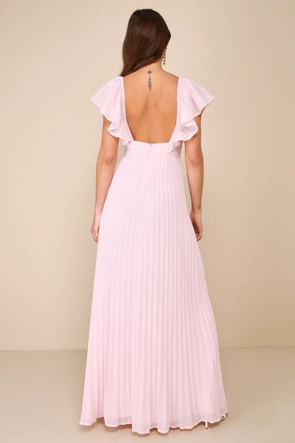 Lulus Ideal Occasion Pink Pleated Flutter Sleeve Backless Maxi Dress