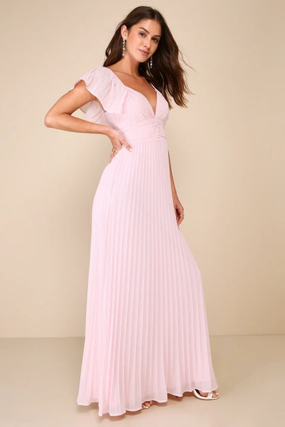 Lulus Ideal Occasion Pink Pleated Flutter Sleeve Backless Maxi Dress