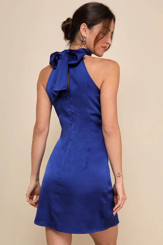 Lulus Infinite Admiration Royal Blue Satin Halter Mini Dress