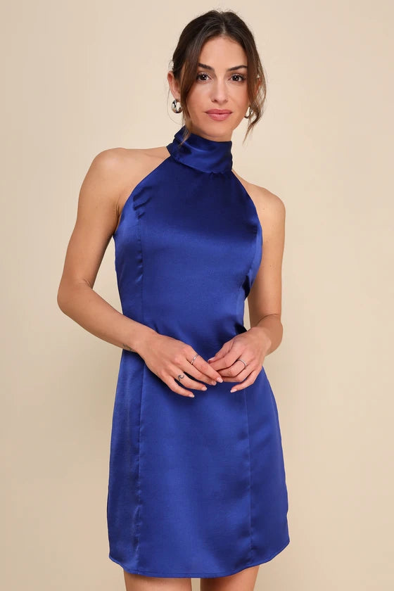 Lulus Infinite Admiration Royal Blue Satin Halter Mini Dress