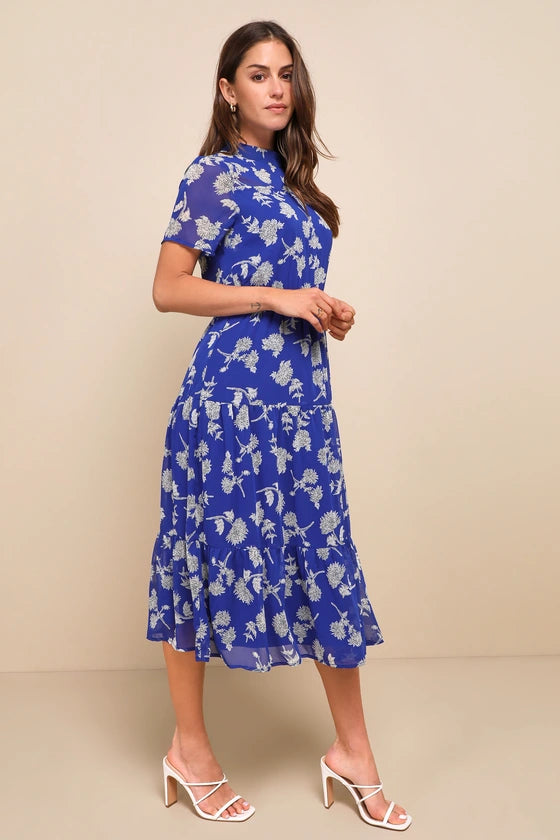 Lulus Floral Dressed Up Royal Blue Floral Print Midi Dress