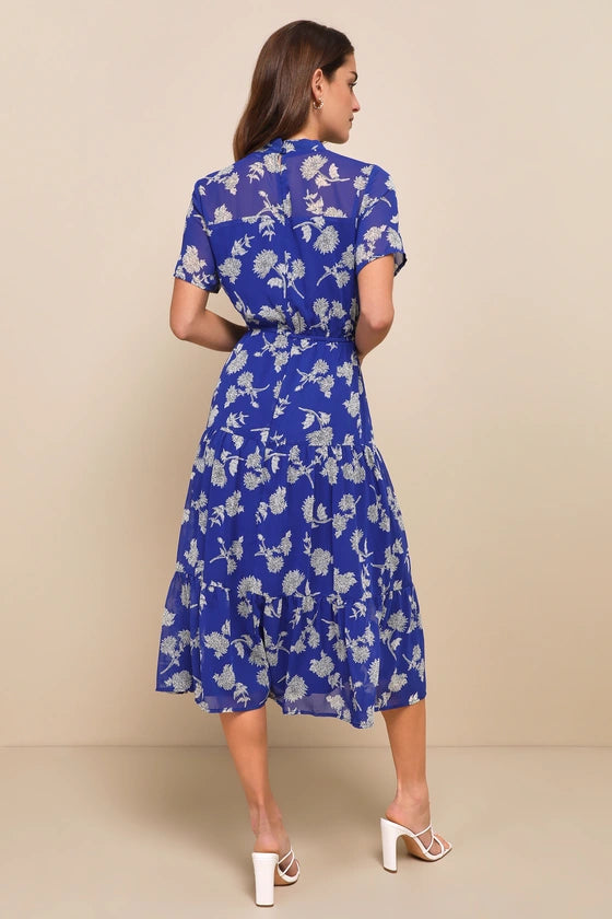 Lulus Floral Dressed Up Royal Blue Floral Print Midi Dress