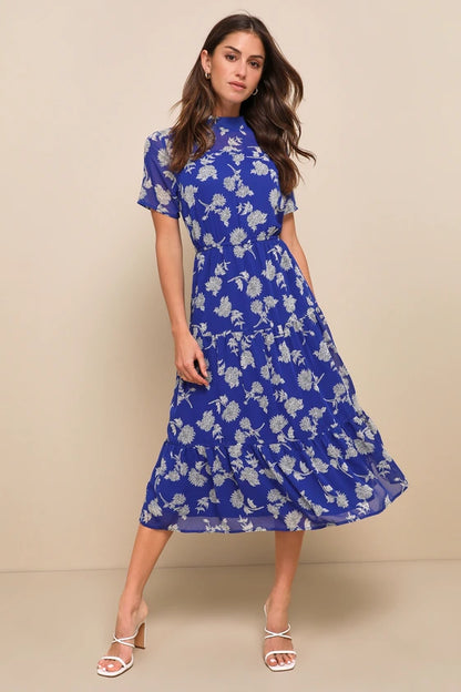 Lulus Floral Dressed Up Royal Blue Floral Print Midi Dress