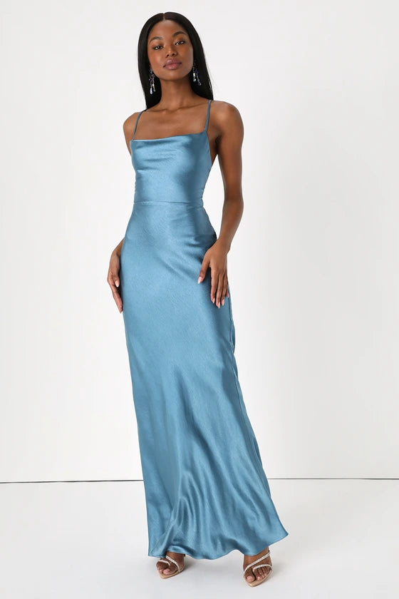 Lulus Inspire Romance Slate Blue Satin Cowl Neck Lace-Up Maxi Dress