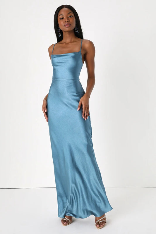 Lulus Inspire Romance Slate Blue Satin Cowl Neck Lace-Up Maxi Dress