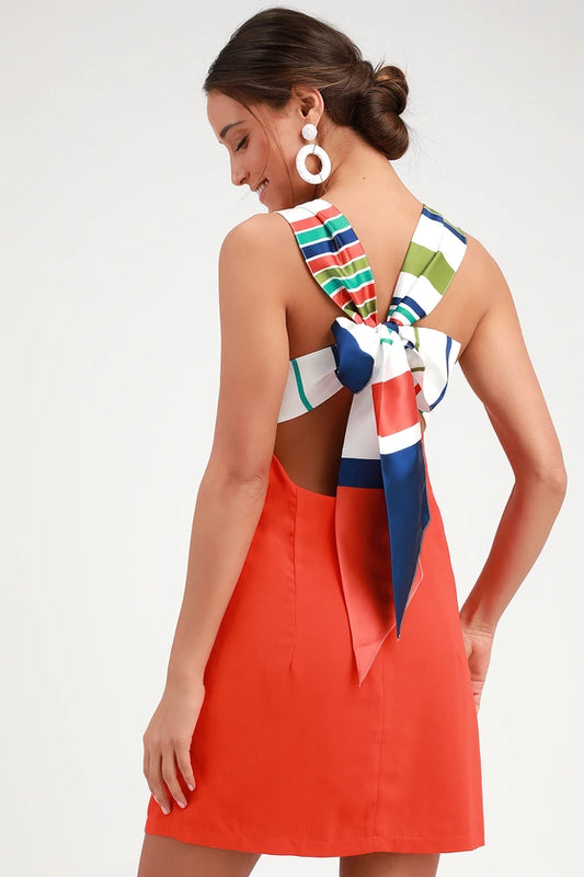 Lulus Joyful Red Orange Multi Stripe Tie-Back Mini Dress