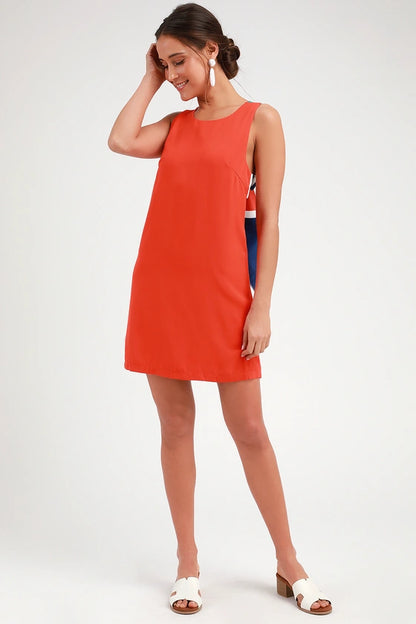 Lulus Joyful Red Orange Multi Stripe Tie-Back Mini Dress
