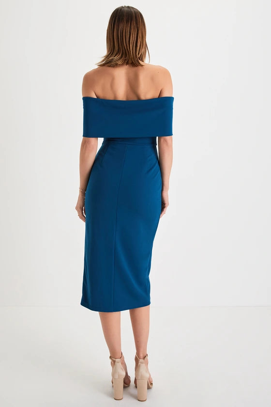 Lulus Luxe Attitude Dark Teal Blue Off-the-Shoulder Bodycon Midi Dress