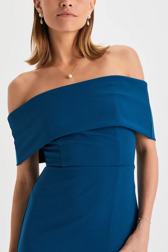 Lulus Luxe Attitude Dark Teal Blue Off-the-Shoulder Bodycon Midi Dress