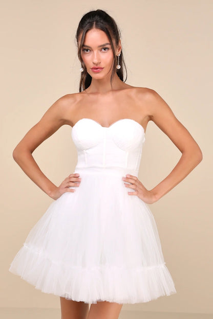 Lovely Flirtation White Tulle Strapless Bustier Mini Dress