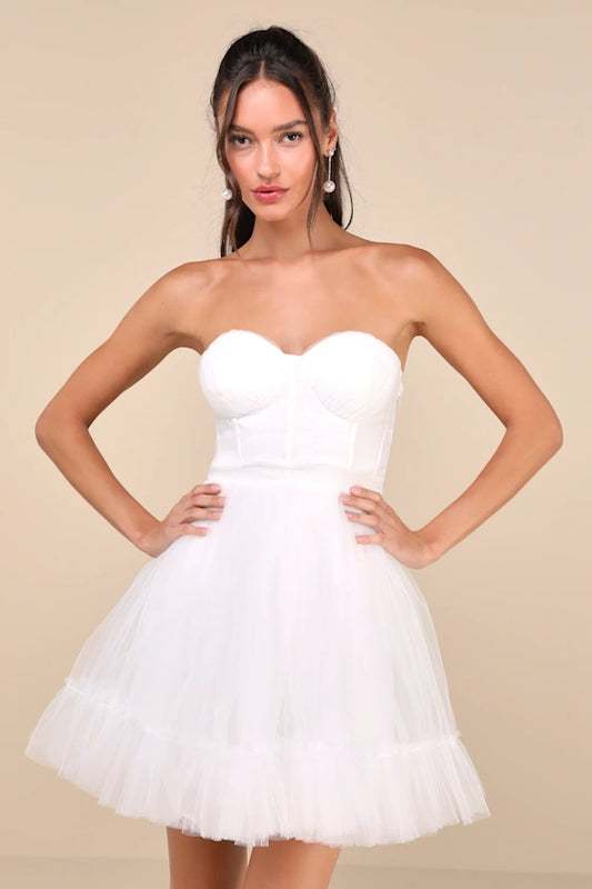 Lovely Flirtation White Tulle Strapless Bustier Mini Dress