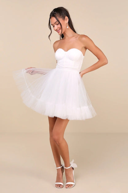 Lovely Flirtation White Tulle Strapless Bustier Mini Dress