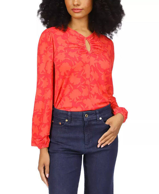 Michael Kors Petite Shadow-Fleur Print Long-Sleeve Top