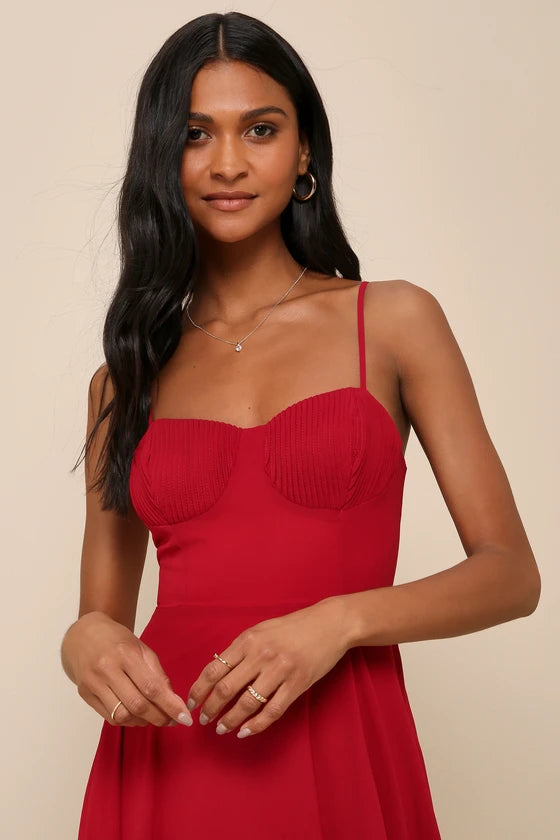 Lulus Cause for Commotion Red Pleated Bustier Maxi Dress
