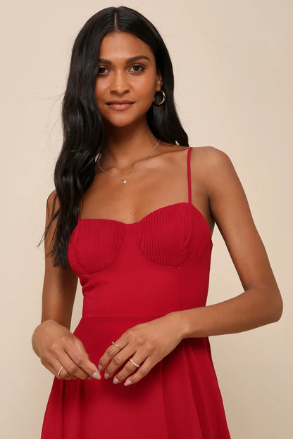 Lulus Cause for Commotion Red Pleated Bustier Maxi Dress