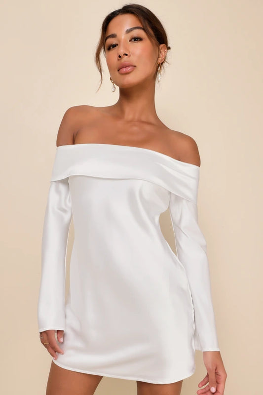 Lulus Luxurious Vision White Satin Off-the-Shoulder Mini Dress