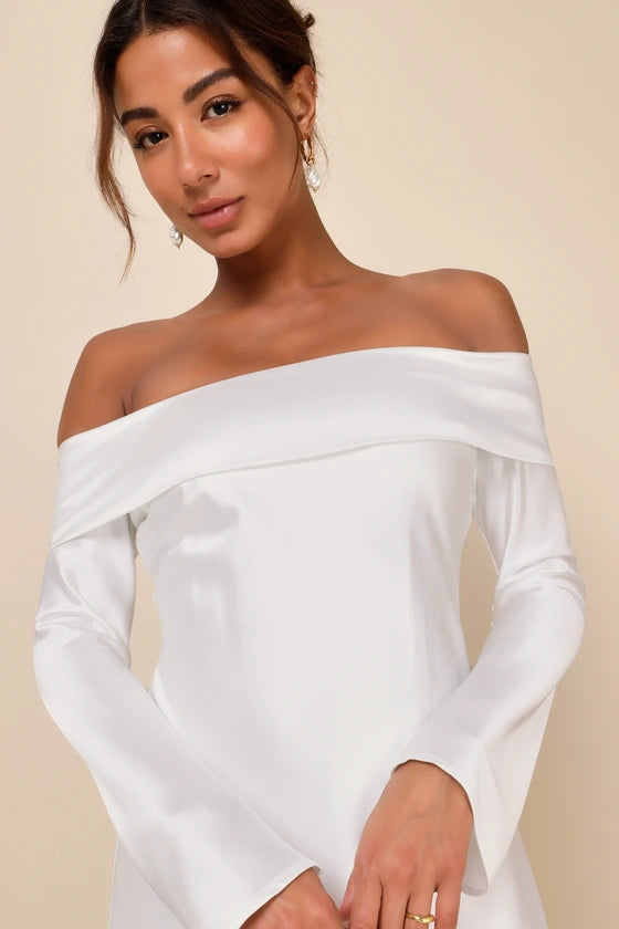 Lulus Luxurious Vision White Satin Off-the-Shoulder Mini Dress