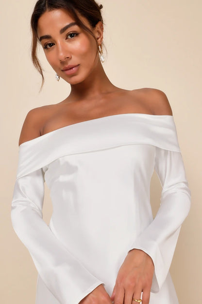 Lulus Luxurious Vision White Satin Off-the-Shoulder Mini Dress