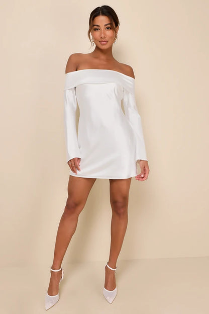 Lulus Luxurious Vision White Satin Off-the-Shoulder Mini Dress