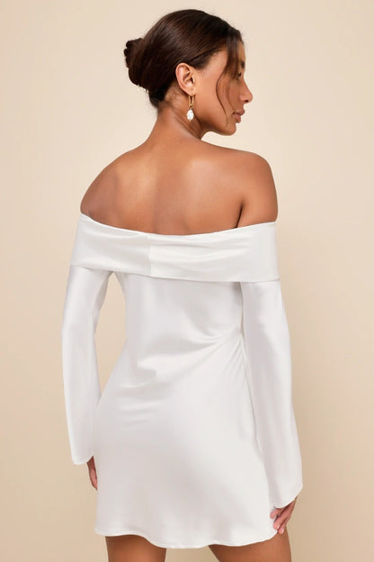 Lulus Luxurious Vision White Satin Off-the-Shoulder Mini Dress