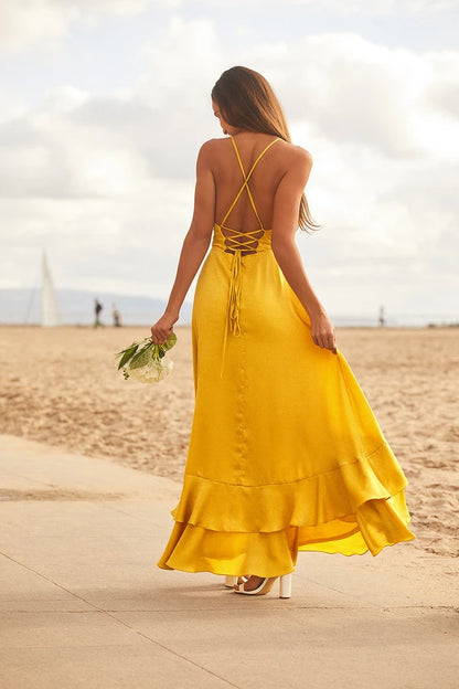 Lulus In Love Forever Mustard Yellow Satin Lace-Up High-Low Maxi Dress