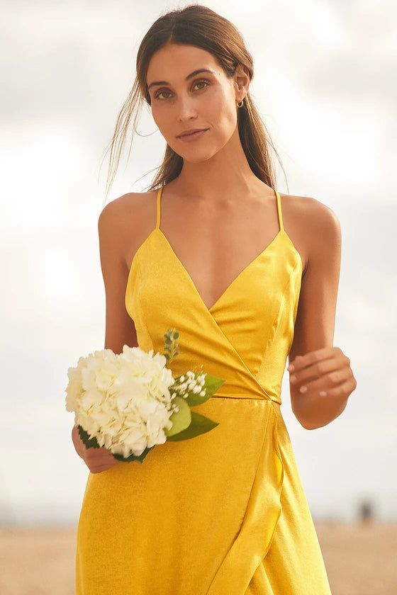 Lulus In Love Forever Mustard Yellow Satin Lace-Up High-Low Maxi Dress